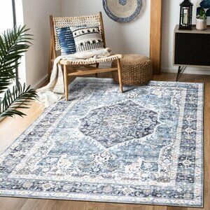 New 5x7 Light Blue Vintage Boho Rug, Washable Soft Low Pile Non-Slip Carpet